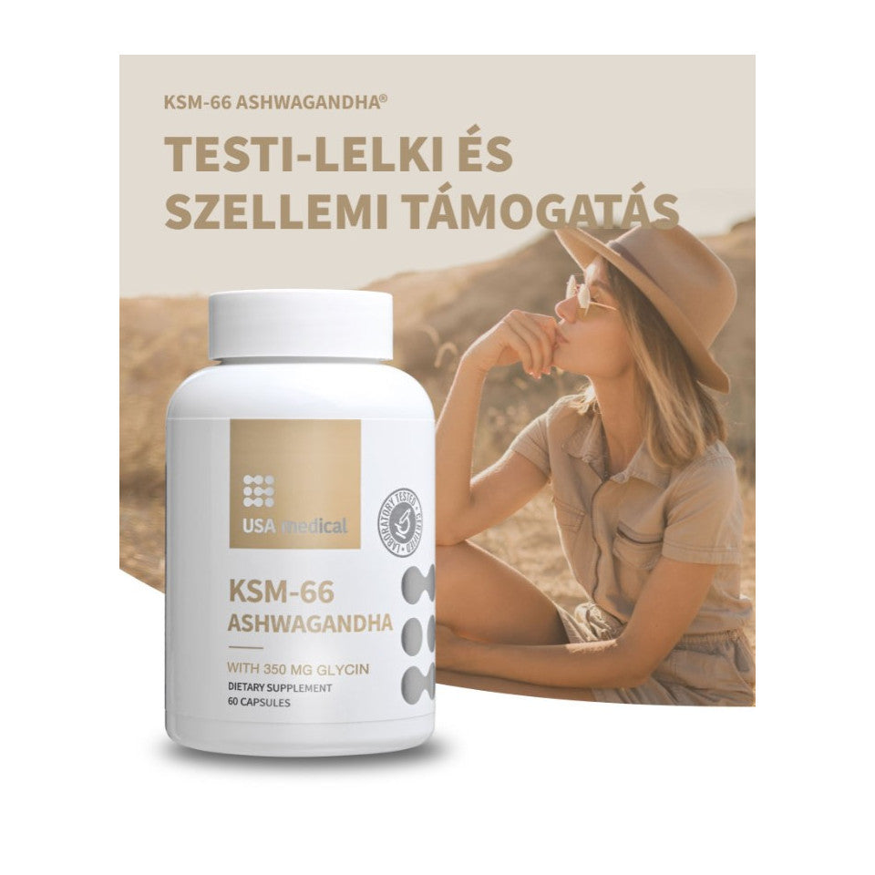 USA Medical Ashwagandha kapszula KSM-66 Ashwagandha® gyökér kivonattal és glicinnel 60 db